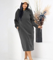 Платье-худи женское утеплённое из трёхнитки на флисе с капюшоном и карманами зимнее