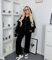 Костюм-двойка женский микрофлисовый оверсайз с лампасами: толстовка и брюки-палаццо с утяжками осенне-зимний