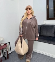 Костюм-двойка женский микрофлисовый оверсайз с лампасами: толстовка и брюки-палаццо с утяжками осенне-зимний