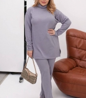 Костюм-двойка женский ангоровый из рубчика оверсайз с туникой и брюками палаццо высокой посадки с боковыми разрезами осенне-зимний