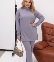 Костюм-двойка женский ангоровый из рубчика оверсайз с туникой и брюками палаццо высокой посадки с боковыми разрезами осенне-зимний