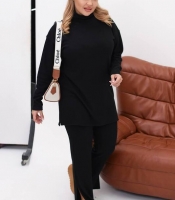 Костюм-двойка женский ангоровый из рубчика оверсайз с туникой и брюками палаццо высокой посадки с боковыми разрезами осенне-зимний