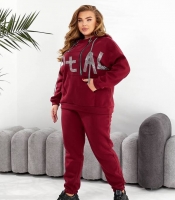 Костюм-двойка женский утеплённый из трёхнитки на флисе с каменным декором осенне-зимний