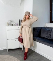 Платье-трапеция женское из замши диагональ с длинными рукавами и поясом осеннее зимнее