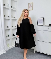 Платье-трапеция женское из креп дайвинга с декоративными сетчатыми вставками осеннее зимнее