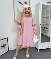 Платье-трапеция женское из креп дайвинга с декоративными вставками из сетки на рукавах и груди осеннее зимнее