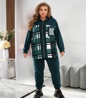 Женский спортивный костюм-двойка из тёплого флиса с капюшоном и клетчатым принтом осенний зимний