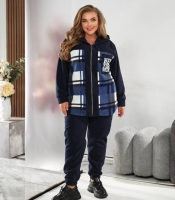 Женский спортивный костюм-двойка из тёплого флиса с капюшоном и принтом в клетку осенний зимний