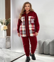 Женский спортивный костюм-двойка из тёплого флиса с капюшоном и принтом в клетку осенний зимний