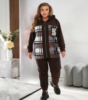 Женский спортивный костюм-двойка из тёплого флиса с капюшоном и принтом в клетку осенний зимний