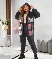 Женский спортивный костюм-двойка из тёплого флиса с капюшоном и принтом в клетку осенний зимний