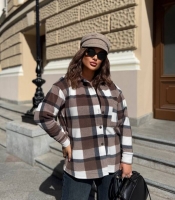Рубашка женская флисовая в крупную клетку с карманом и пуговицами осенне-зимняя