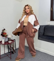 Женский спортивный костюм-двойка из трёхнитки на флисе с кофтой на молнии и широкими брюками осенний зимний