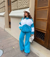 Женский спортивный костюм-двойка из трёхнитки на флисе с кофтой на молнии и широкими брюками осенний зимний