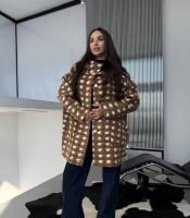 Кардиган женский шерстяной букле с капюшоном и пуговицами в крупную клетку осенне-зимний