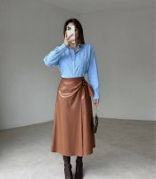 Юбка женская миди из эко-кожи на запах с высокой посадкой осенне-зимняя