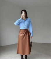 Юбка женская миди из эко-кожи на запах с высокой посадкой осенне-зимняя