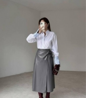 Юбка женская миди из эко-кожи на запах с высокой посадкой осенне-зимняя