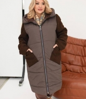 Куртка-пальто женская зимняя из плащевки Эмми с комбинированными рукавами и силиконовым утеплителем 150 г