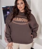 Худи женское утеплённое из махры и трёхнитки на флисе с контрастными рукавами и принтом осенне-зимнее