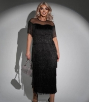 Платье женское вечернее из креп-дайвинга с сеткой и декоративной бахромой осенне-зимнее