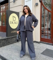 Спортивный костюм-двойка женский утепленный из теплого флиса с лампасами и воротником-стойкой осенне-зимний