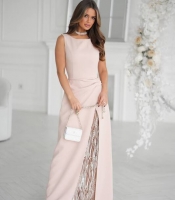 Платье-футляр женское вечернее приталенное длинное из костюмной ткани с кружевом и глиттером осенне-зимнее бежевое