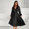 Платье на запах женское атласное миди с поясом и длинными рукавами из ткани Скарлет осенне-зимнее чёрное  k-125196