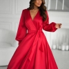 Платье на запах женское атласное миди с поясом и длинными рукавами из ткани Скарлет осенне-зимнее красное  k-125197