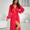 Платье на запах женское атласное миди с поясом и длинными рукавами из ткани Скарлет осенне-зимнее красное  k-125197
