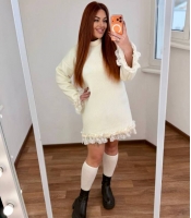 Платье женское кашемировое прямого кроя с кружевной отделкой осенне-зимнее