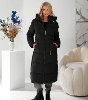 Пальто женское длинное стёганое с капюшоном и манжетами из плащёвки на тинсулейте 250 осенне-зимнее чёрное