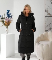 Пальто женское длинное стёганое с капюшоном и манжетами из плащёвки на тинсулейте 250 осенне-зимнее чёрное