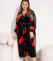 Халат женский махровый турецкий с капюшоном и поясом осенне-зимний черно-красный с принтом