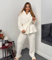 Пижама-тройка женская из двусторонней махры с топом и халатом осенне-зимняя