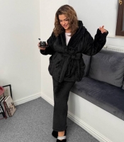 Пижама-тройка женская из двусторонней махры с топом и халатом осенне-зимняя