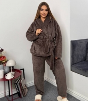 Пижама-тройка женская из двусторонней махры с халатом и топом осенне-зимняя