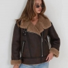 Дублёнка-авиатор женская укорочённая из эко-кожи с меховой подкладкой и асимметричной застёжкой осенне-зимняя  k-125291