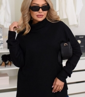 Свитер женский осенне-зимний ангоровый лакоста чёрный с высоким воротом и спущенным плечом