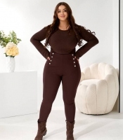 Лосины женские трикотажные на флисе с декоративными пуговицами и высокой посадкой осенне-зимние