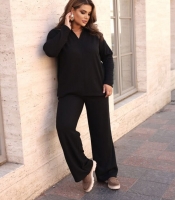 Костюм женский ангора в рубчик утепленный двойка с воротником и прямыми брюками осенний зимний