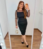 Платье-футляр женское трикотажное масло с прозрачными рукавами и сборками вечернее осеннее зимнее