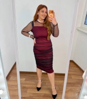 Платье-футляр женское трикотажное масло с драпировкой и прозрачными рукавами вечернее осеннее зимнее