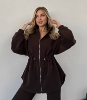 Толстовка женская из трёхнитки на флисе с кулиской и высоким воротником удлиненная осенняя зимняя