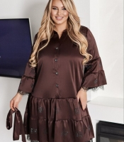 Платье женское нарядное миди из сатина шёлк-Армани с воланами кружевом и стразами осеннее зимнее шоколадное