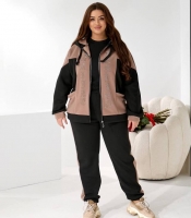 Спортивный костюм женский осенне-зимний бежево-чёрный из трёхнитки на флисе с капюшоном и вставками из страз: куртка и брюки утеплённые