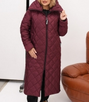Пальто женское длинное осенне-зимнее бордовое из плащевки Канада на синтепоне и паянке с капюшоном и ромбовидной стёжкой