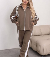 Спортивный костюм женский из трехнитки на флисе с полосками двойка осенний зимний