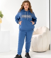 Спортивный костюм женский трехнитка на флисе утепленный худи оверсайз с блестящим принтом и джоггеры осенне-зимний