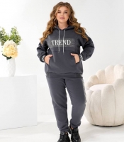 Спортивный костюм женский трехнитка на флисе утепленный худи оверсайз с блестящим принтом и джоггеры осенне-зимний